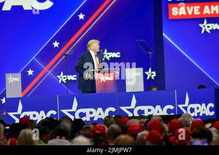 Dallas, TX, USA. 6th Aug, 2022. (NEW) Former President of the United States of America Donald Trump delivers remarks at the CEPAC in Dallas, Texas. August 6, 2022, Dallas, TX, USA. Former President of the United States of America Donald J. Trump delivers remarks during the Conservative Political Action Conference (CPAC), held in the state of Texas, in United States, on Saturday (6). Donald John Trump is an American politician, media personality and businessman who served as the 45th president of the United States from 2017 to 2021. Trump graduated from the Wharton School of the University of Stock Photo