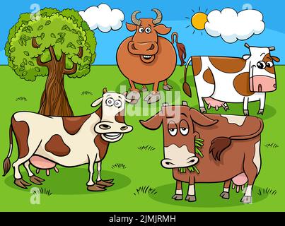 Cartoon cows farm animals group in the meadow Stock Photo