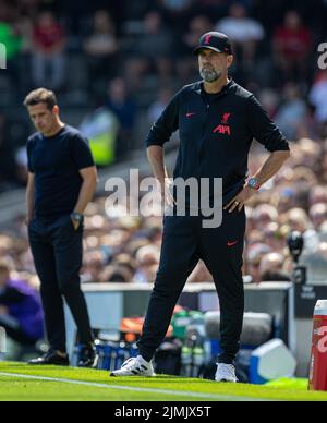 London, UK. 7th Aug, 2022. Liverpool's manager Jurgen Klopp reacts during the 2022/2023 English Premier League match between Fulham and Liverpool in London, Britain, on Aug. 6, 2022. Credit: Xinhua/Alamy Live News Stock Photo