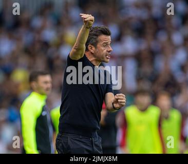 London, UK. 7th Aug, 2022. Fulham's manager Marco Silva gestures during the 2022/2023 English Premier League match between Fulham and Liverpool in London, Britain, on Aug. 6, 2022. Credit: Xinhua/Alamy Live News Stock Photo