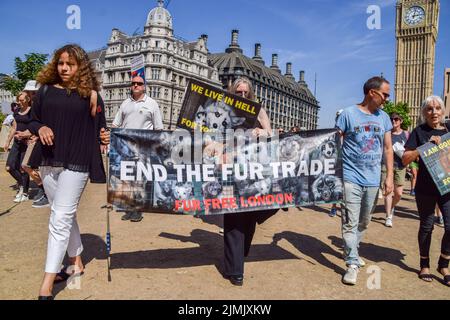 London, UK. 06th Aug, 2022. Protesters hold an anti-fur banner during the demonstration in Parliament Square. Thousands of people marched through central London in support of animal rights and veganism, and called for an end to speciesism and all forms of animal exploitation. Credit: SOPA Images Limited/Alamy Live News Stock Photo