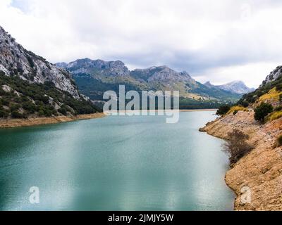 View of the Tramuntana mountains and the reservoir Gorg Blau Stock Photo