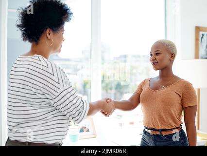 Im so happy we finally reached an agreement. two attractive young businesswomen shaking hands together inside an office. Stock Photo