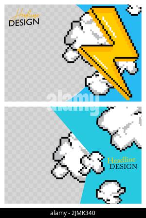 Blue Yellow Poster Collection. Design with pixel clouds, flash, lightning. Banner template, Social media post for invitation, awards, magazine cover, Stock Vector