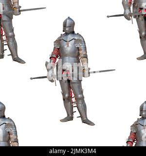 Knight in shiny metal armor on a white background. Seamless pattern. Stock Photo