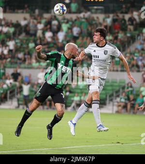 Austin, Texas, USA. 6th Aug, 2022. San Jose Earthquakes defender Nathan (13) heads the ball in defense over Austin FC forward Diego FagÃºndez (14) during a Major League Soccer match on August 6, 2022 in Austin, Texas. The match finished in a 3-3 draw. (Credit Image: © Scott Coleman/ZUMA Press Wire) Stock Photo