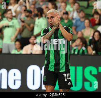 Austin, Texas, USA. 6th Aug, 2022. Austin FC forward Diego FagÃºndez (14) gestures to the supporters after substituting out during a Major League Soccer match against the San Jose Earthquakes on August 6, 2022 in Austin, Texas. The match finished in a 3-3 draw. (Credit Image: © Scott Coleman/ZUMA Press Wire) Stock Photo