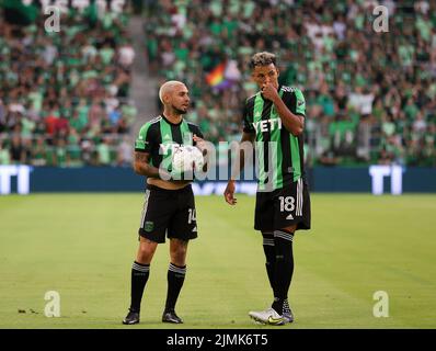 Austin, Texas, USA. 6th Aug, 2022. Austin FC forward Diego FagÃºndez (14) talks with defender Julio Cascante (18) before a free kick during a Major League Soccer match against the San Jose Earthquakes on August 6, 2022 in Austin, Texas. The match finished in a 3-3 draw. (Credit Image: © Scott Coleman/ZUMA Press Wire) Stock Photo