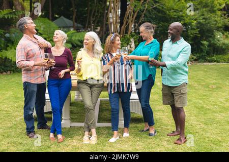 Happy multiracial senior male and female friends toasting wine during backyard party Stock Photo