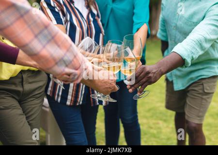 Midsection of multiracial senior male and female friends toasting wine during backyard party Stock Photo