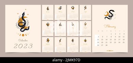 Calendar 2023 with boho snakes. Week starting on sunday. Magic vipers with moon and stars. Mystical symbol in a trendy minimalist style. Flat minimal Stock Vector