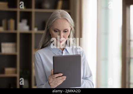 Focused thoughtful elderly grey haired lady using online app Stock Photo