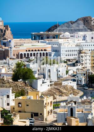 View of Old Muscat and Mirani Fort and behind it Al Jalaili Fort Stock Photo