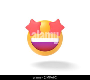 Starry eyed emoji icon. red stars for eyes excited emoticon with open smile 3D illustration Stock Photo