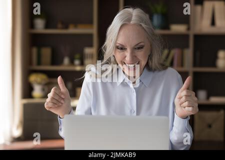 Happy laptop user woman getting good news from online chat Stock Photo