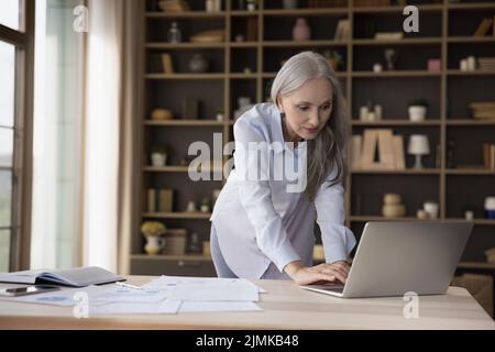 Busy mature elderly entrepreneur woman using laptop computer Stock Photo