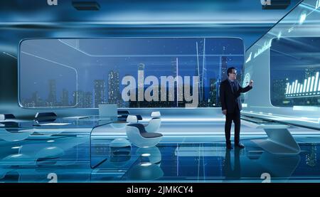 Businessmen working with smart virtual screens projectio Stock Photo