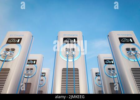 3d rendering group of EV charging stations or electric vehicle recharging stations with blue sky background Stock Photo