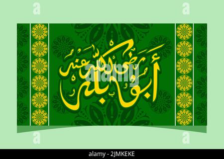 Islamic Calligraphy Abu Bakar Radhiyallahu Anhu Friend Prophet Muhammad With Green Background, For Banners And Greeting Cards Stock Vector