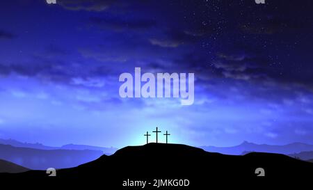 Three crosses on the hill with clouds moving on the blue starry sky Stock Photo