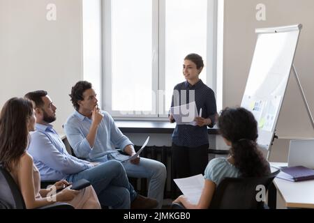 Staff take part in briefing led by Indian businesswoman Stock Photo