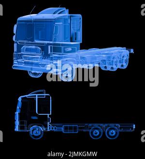 3d rendering x-ray or scanned logistic trailer truck or lorry on black background Stock Photo