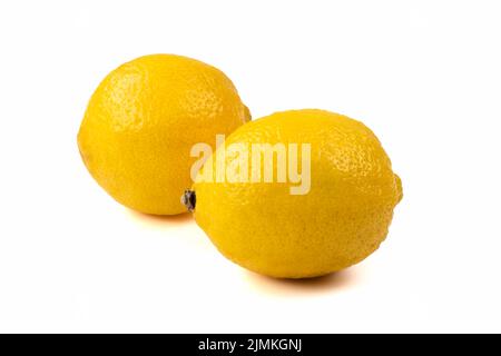 Two fresh lemons isolated on bright background. Close up view. Stock Photo