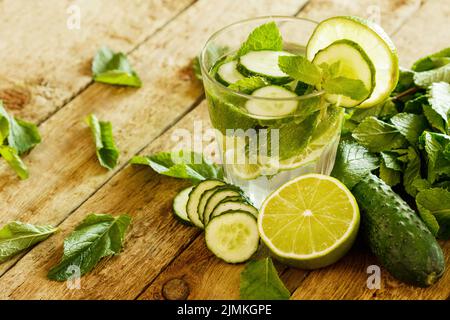 Refreshing drink with cucumber, lime and mint Stock Photo
