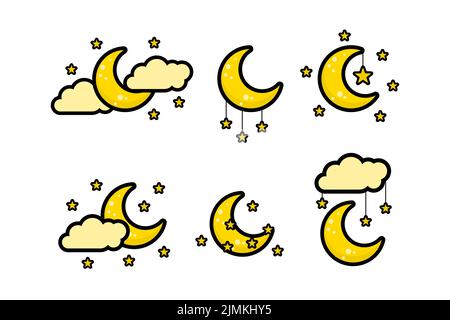 Crescent Moon, Stars And Clouds Collection Bundle Vector Stock Vector