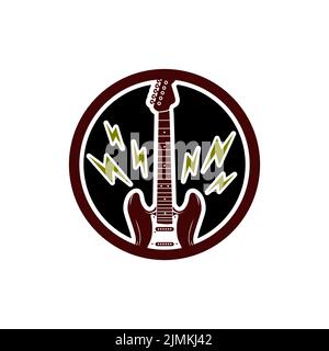 Electric Guitar With Electric Icon For Rockstar Band Concert Guitarist Logo Vector Design Stock Vector
