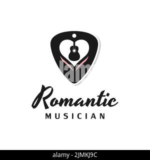 Guitar Pick Love and Guitar for Romantic Musician or Music Instrument logo Stock Vector