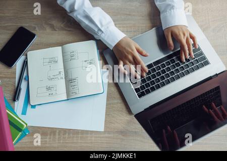 Close up of business woman hands working using keyboard of laptop in office. Top view Stock Photo