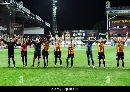 Mechelen's players celebrate after winning a soccer match between KV Mechelen and Royale Union Saint-Gilloise, Saturday 06 August 2022 in Mechelen, on day 3 of the 2022-2023 'Jupiler Pro League' first division of the Belgian championship. BELGA PHOTO TOM GOYVAERTS Stock Photo