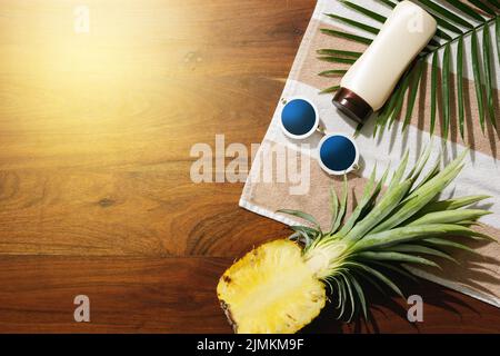 Flat lay of different items for beach vacations Stock Photo