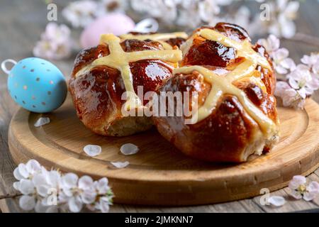 Easter buns with a cross  close up. Stock Photo