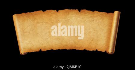 Old paper horizontal banner. Parchment scroll isolated on black Stock Photo
