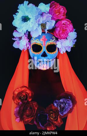Creative image of Sugar Skull. Neon makeup. Stock Photo