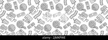 Cinema seamless pattern. Doodle hand drawn style. Cinema elements for media production, festival, theater background. Vector illustration. Movie night style print. Stock Vector