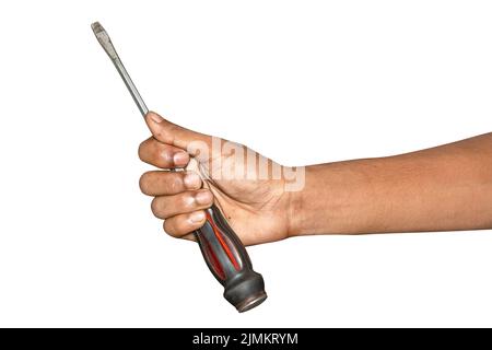 Hand holding screwdriver isolated on white background with clipping path. Stock Photo