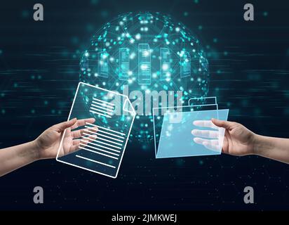 Hand holds virtual file and folder. The concept of rapid information exchange, paperless technology. Global business without bur Stock Photo