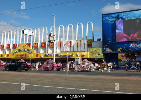 Line of coach and horses in blackpool outside the sealife centre and golden mile amusement arcade Stock Photo