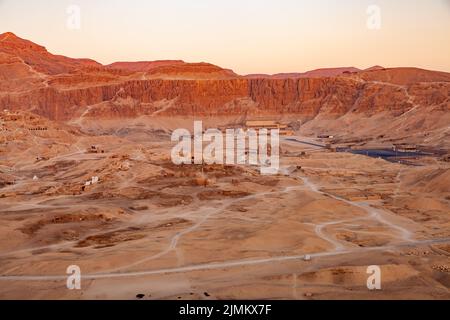 Aerial view of archaeological site in Valley of The Kings with temple of Pharaoh Hatshepsut. Stock Photo