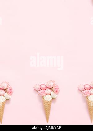 abstract floral composition rose waffle cones pink Stock Photo