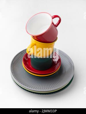 Flat lay clean tableware stacked Stock Photo