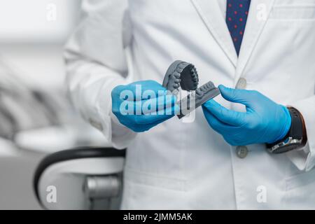 Upper and lower jaw of a man printed on a 3d printer of photopolymer Stock Photo