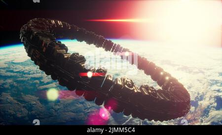 Highly detailed huge spaceship approaching to the Earth Stock Photo