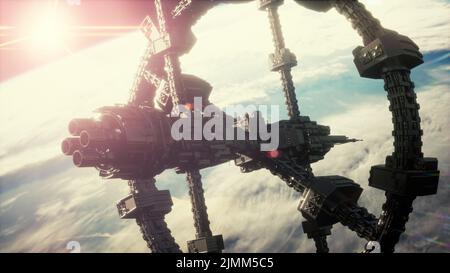 Highly detailed huge spaceship approaching to the Earth Stock Photo