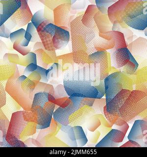 Abstract multicolored background with geometrical pattern and halftone texture. Blue, yellow and red colors. Seamless pattern Stock Photo