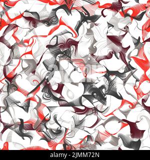 Abstract chaotic linear and curved brush strokes. Grey, brown and red colors on the white background. Seamless pattern Stock Photo