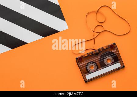 Cassette tape with magnetic recording film flat lay Stock Photo